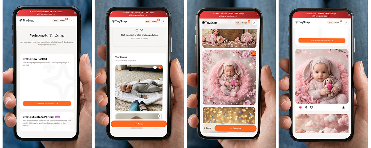 TinySnap app — the portrait creation process on four phone screens