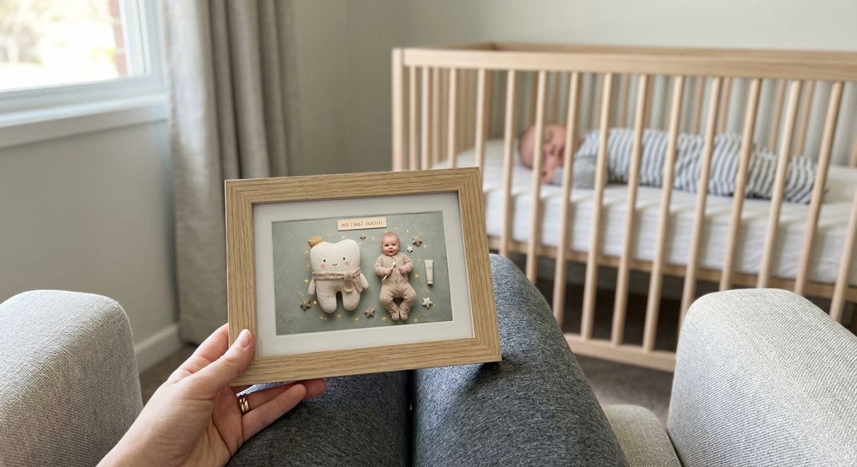 A framed TinySnap portrait held in a nursery with baby sleeping in the crib