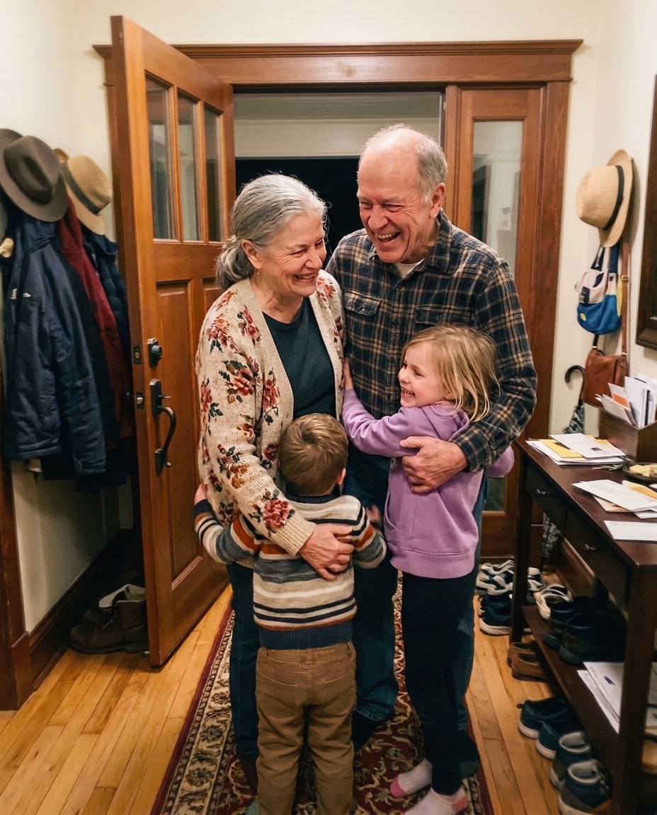 Grandparents laughing and hugging their grandchildren at the front door