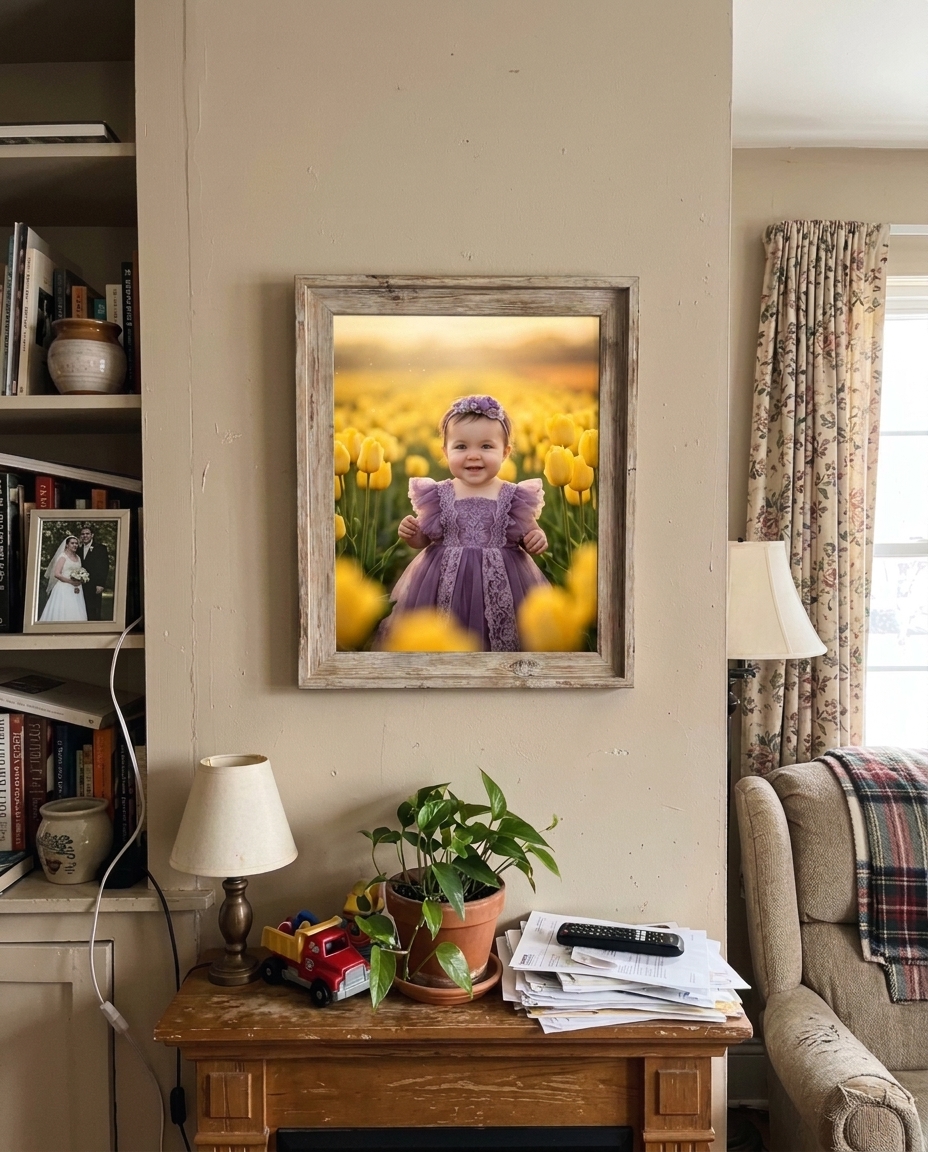 A TinySnap baby portrait framed and displayed in a warm living room