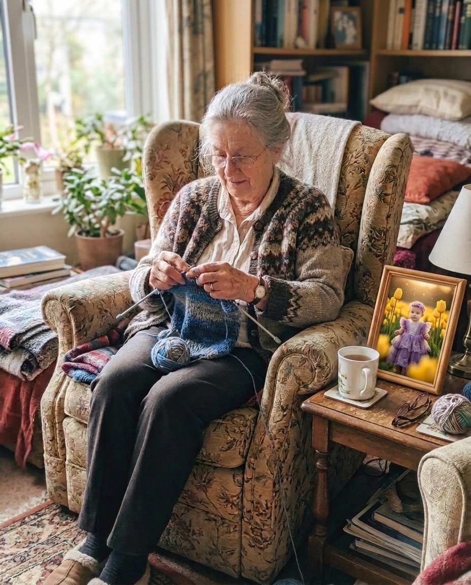 Grandmother knitting with a framed TinySnap portrait on the side table
