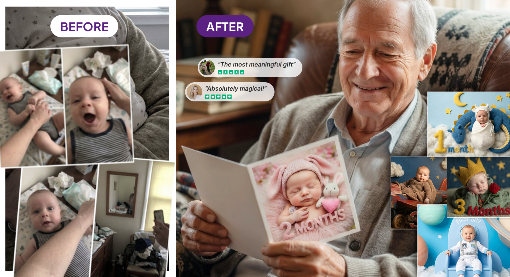 Before and after — TinySnap transforms everyday baby photos into stunning portraits
